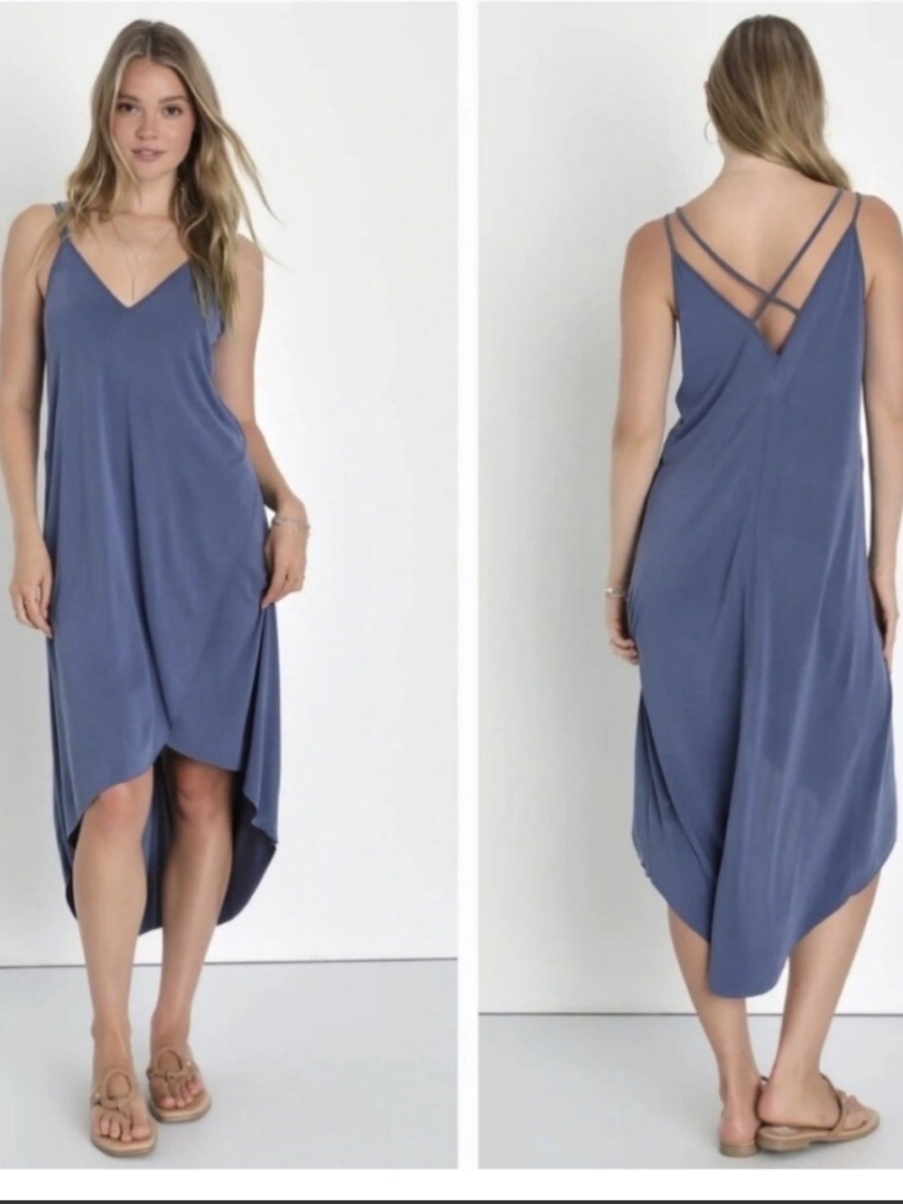 Lush crown Blue High-Low Slip Dress with Crossback Straps size M